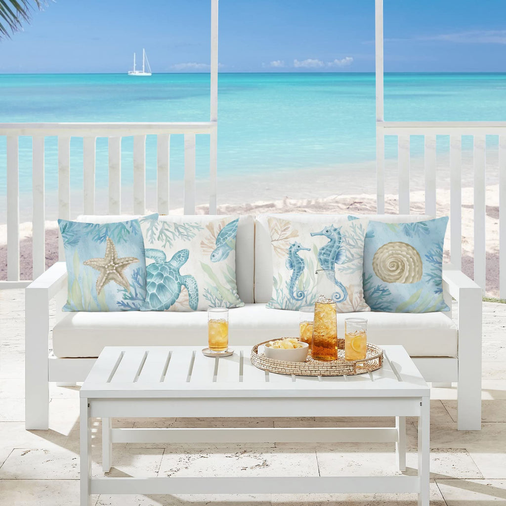 Ocean Beach Throw Pillow Covers 20 x 20 Inch Seahorse Turtle Starfish Coastal Outdoor Decorative Pillows Soft Velvet