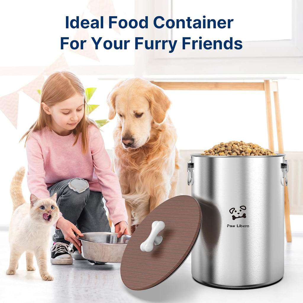 25 Lbs Stainless Steel Dog Food Storage Container with Airtight Wooden Lid & Ceramic Bone Handle, Large Metal Dog