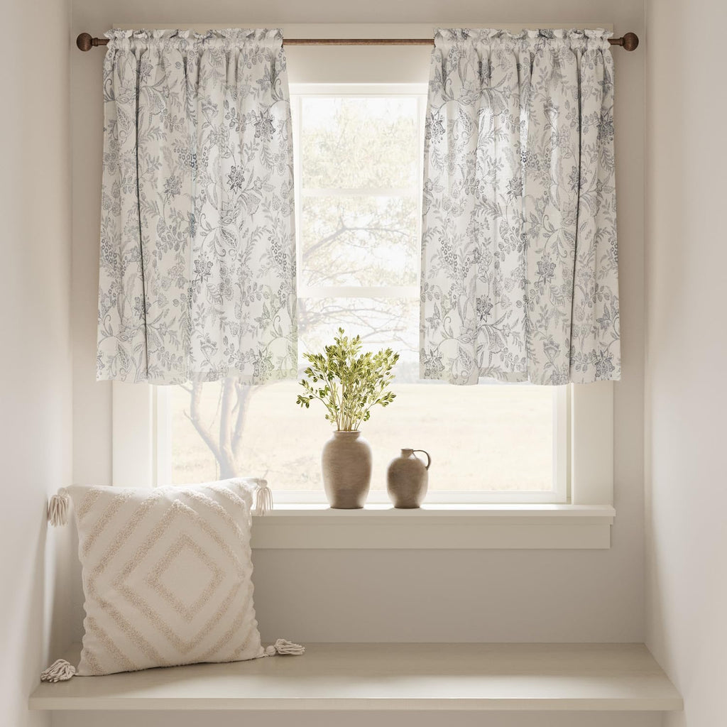 Floral Kitchen Tier Curtains 24 Inch 2 Panels Grey on Beige