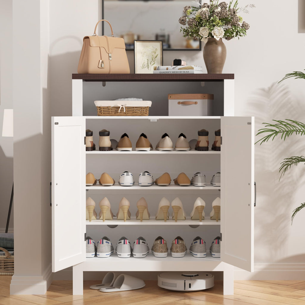 Farmhouse Shoe Cabinet with Doors, 5 -Tier Shoe Storage Cabinet with Adjustable Shelves, 43.3" Tall Shoe Rack Cabinet