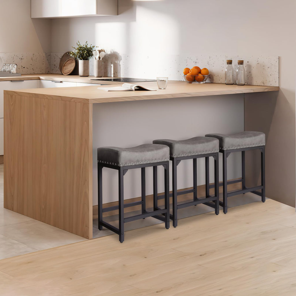 Counter Height Bar Stools Set of 3, Stools Island Set of 3, 24 Inch Counter Stool Saddle Backless Barstools Counter