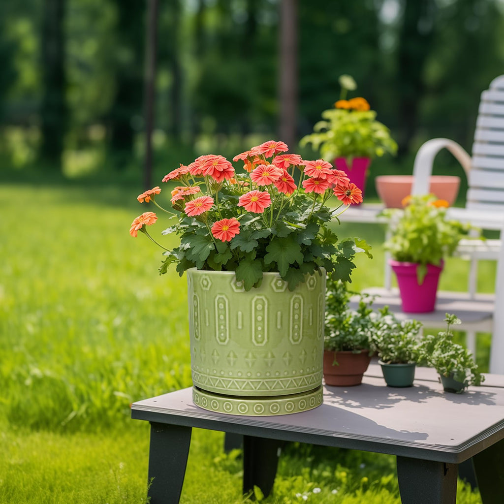 Ceramic Pot for Plants - 10 Inch Indoor Plant Pots with Drainage Holes and Saucer, Boho Round Planter Outdoor