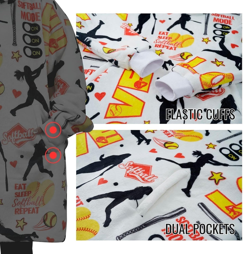 Softball Gifts, Wearable Oversized Blanket Hoodies | Softball Blanket for Women, Flannel Hooded Blankets, One Size