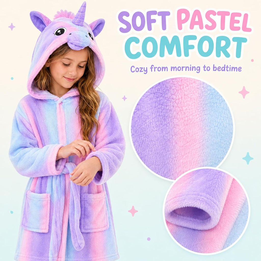 Girls Unicorn Fleece Robe, Rainbow Star Leopard Bathrobe for Kids, Coral Fleece Bath Robe With Pockets -12
