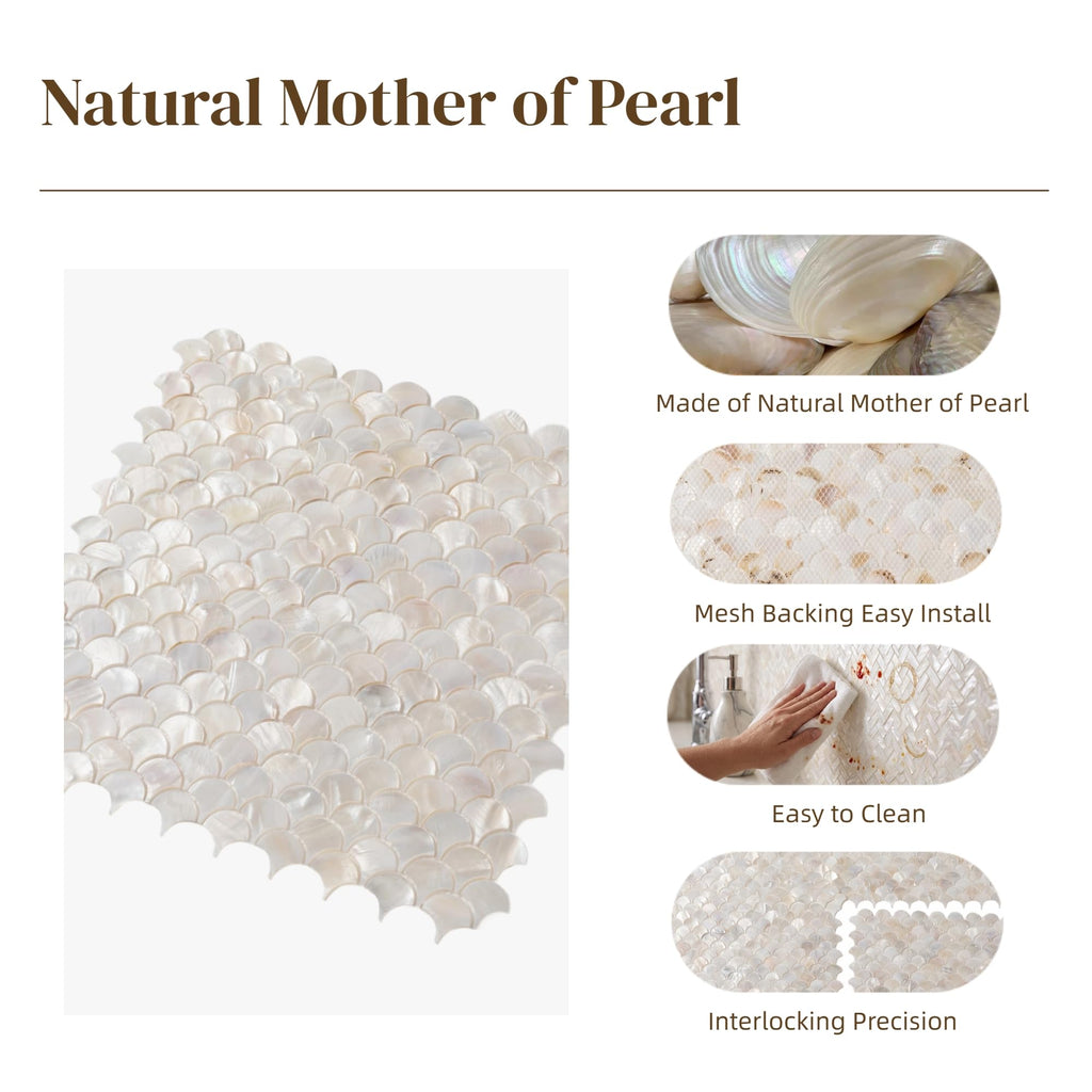 White Mother of Pearl Fish Scale Mosaic Tiles, 10 Pcs 11.8x11.8
