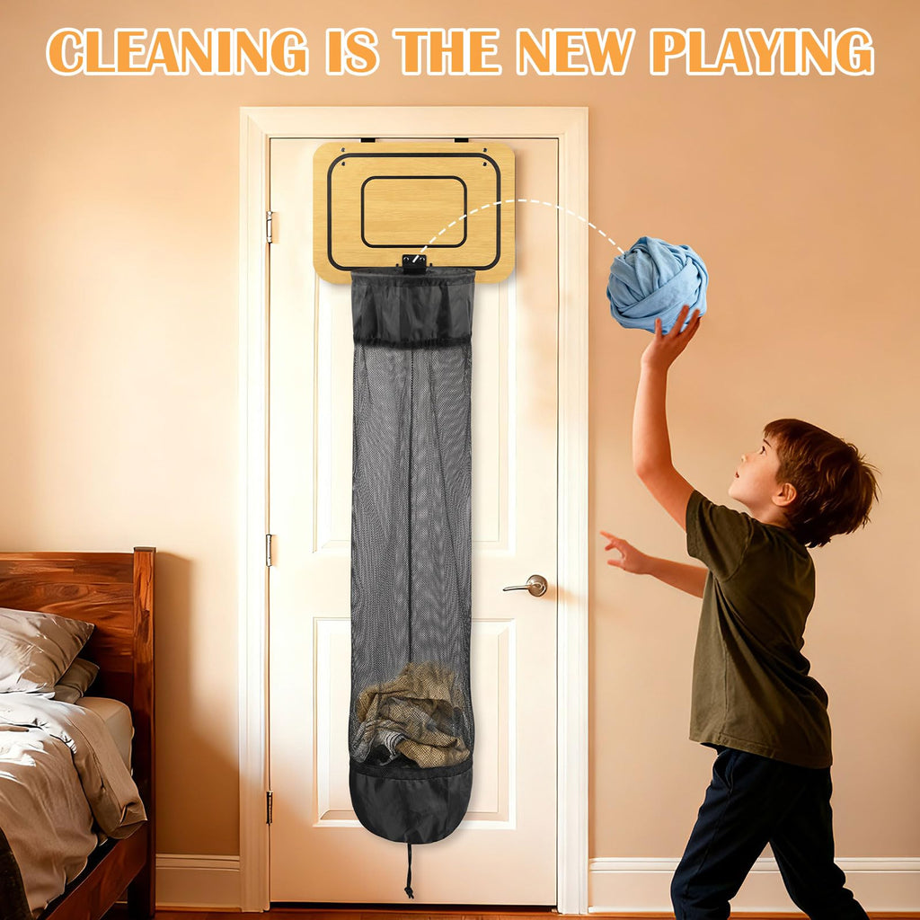 Wooden Basketball Laundry Hamper with Drawstring for Kids Room