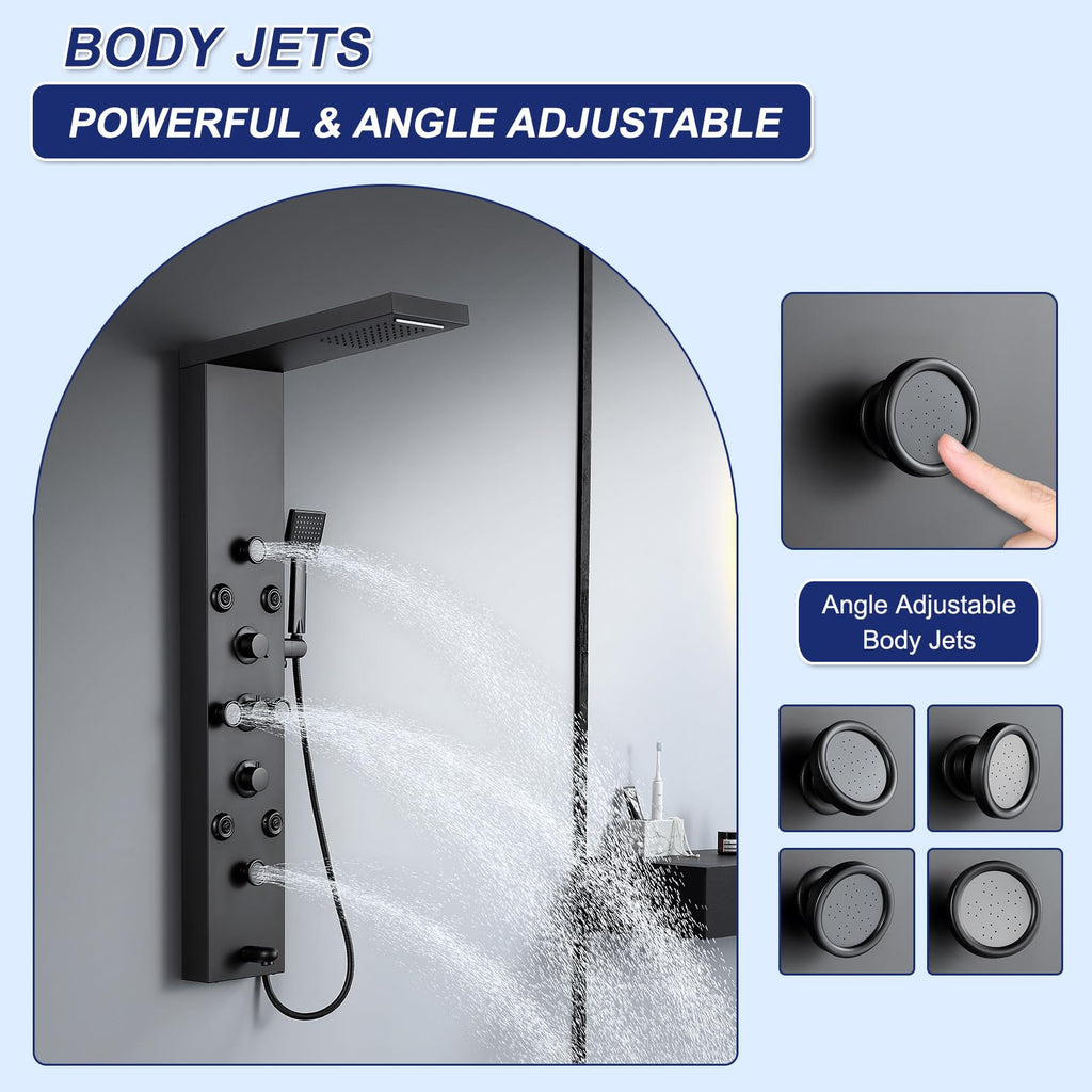 6 in 1 Rainfall Waterfall Shower Panel Tower System Matte Black
