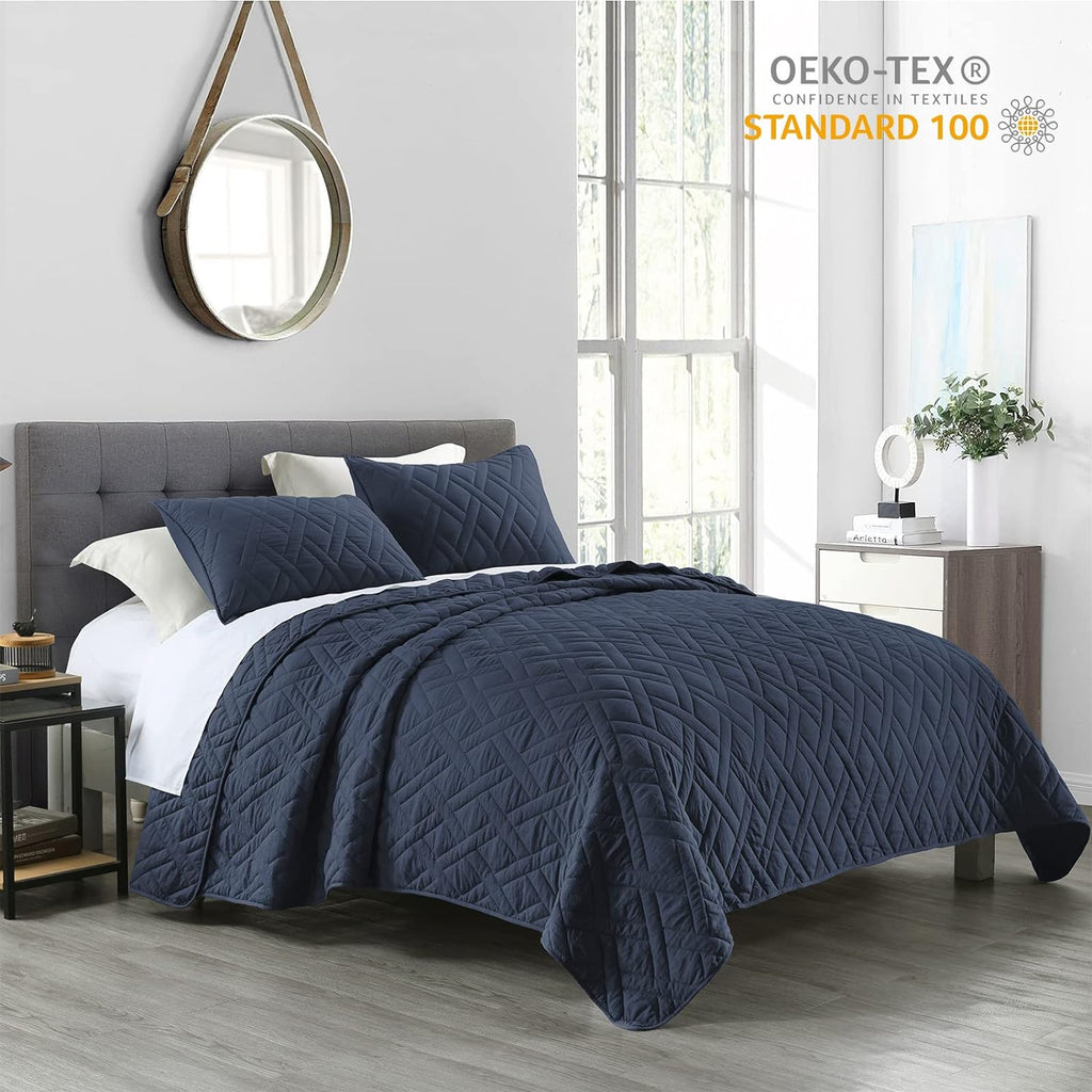 Quilt Set King Navy Blue, Classic Geometric Diamond Stitched Pattern, Ultra Soft Lightweight Bedspread Coverlet for