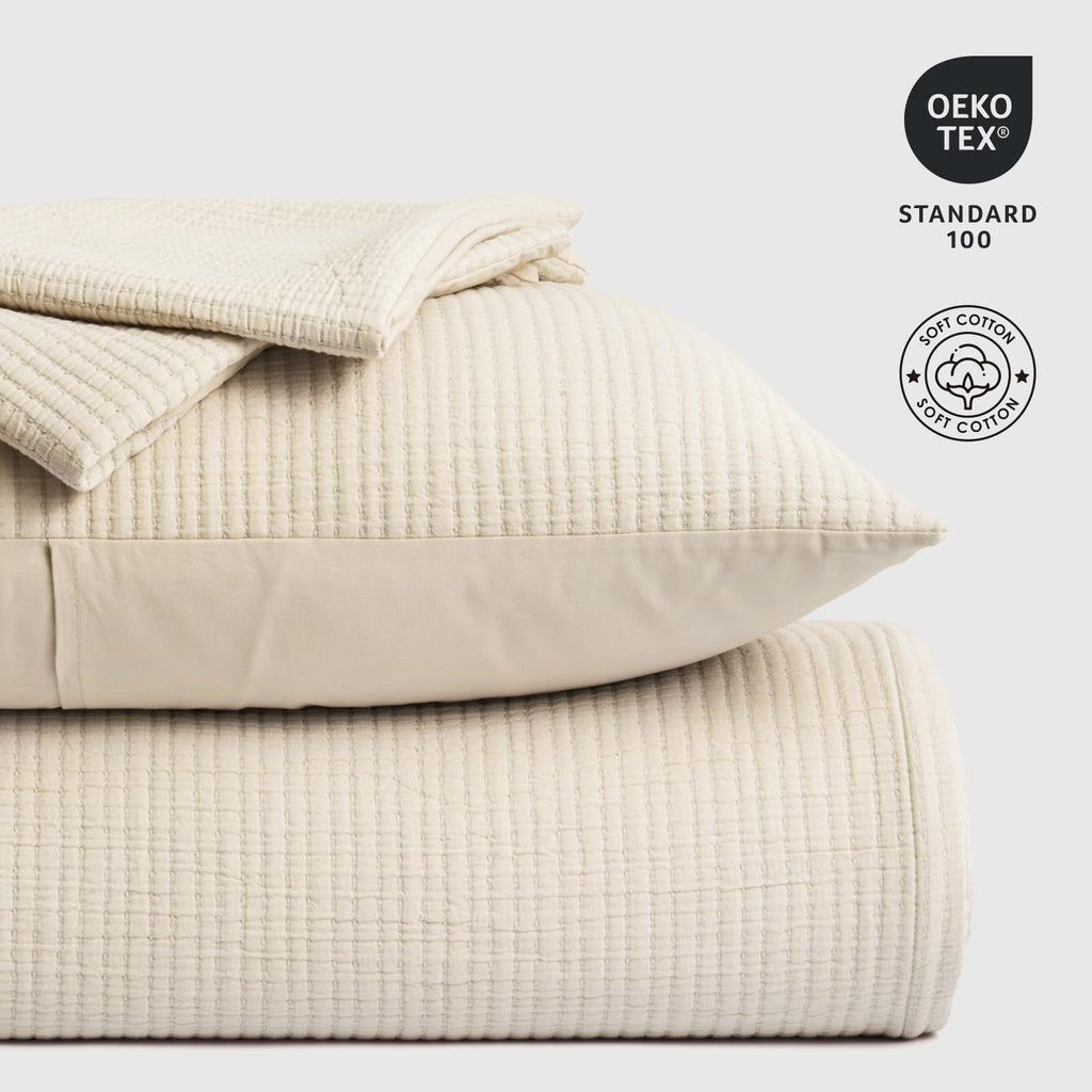 Cotton Gauze Matelassé Coverlet Set, Soft Oat