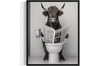 Highland Cow on Toilet Bathroom Black Framed Art Print Poster, Humor Aesthetic Wall Art Painting Photo Pictures