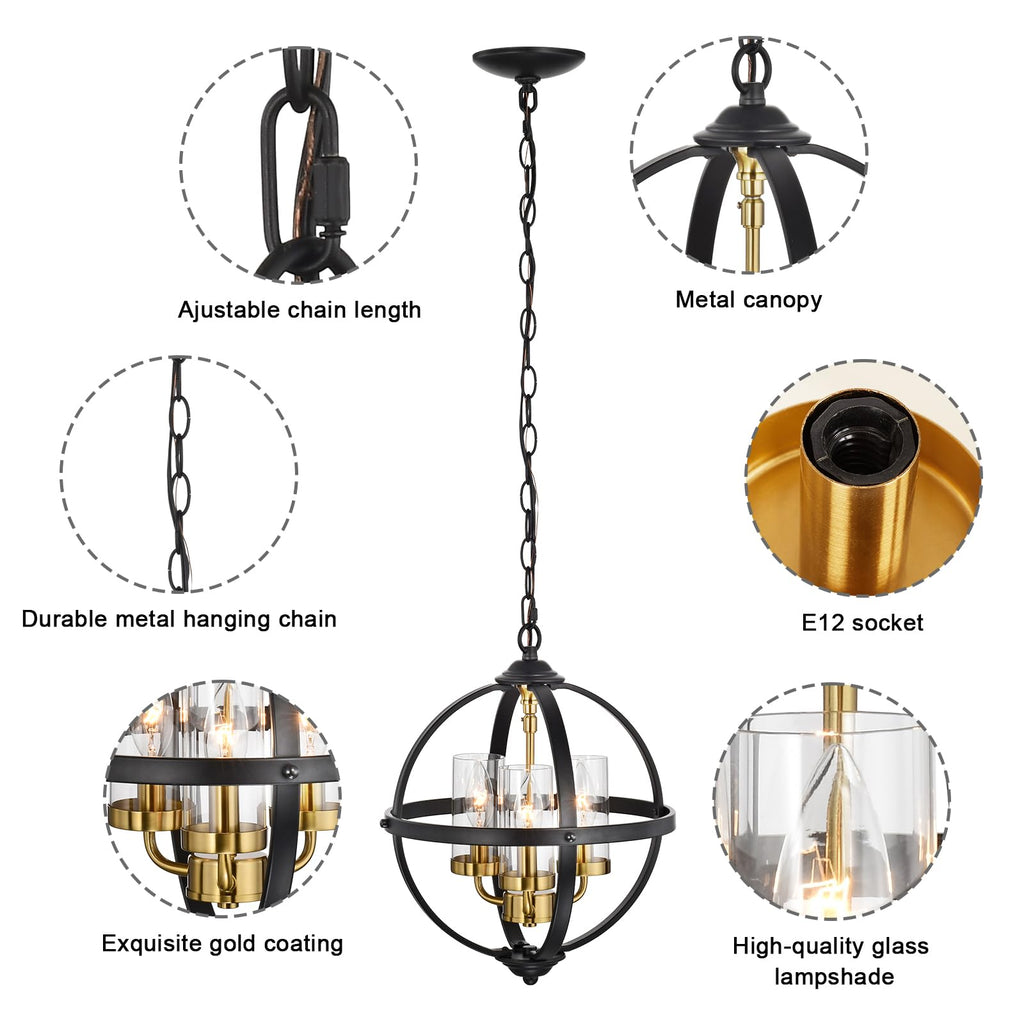 Rustic Chandelier, 14" Farmhouse Globe Orb Pendant Light, Vintage Black and Gold 3-Light E12 Adjustable Ceiling