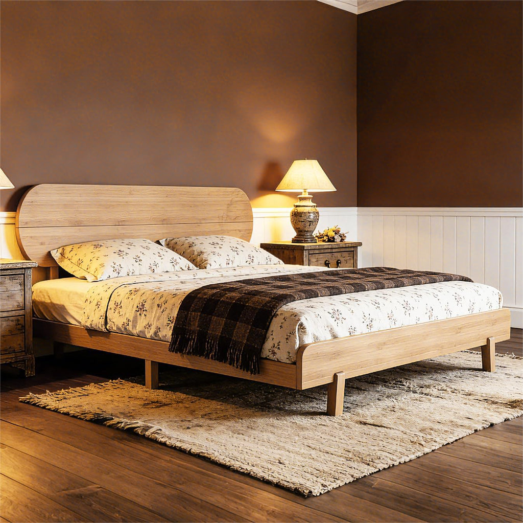 King Size Bed Frame with Headboard & Low Footboard, Bamboo King Bed Frame and Headboard with Wood Slats Support