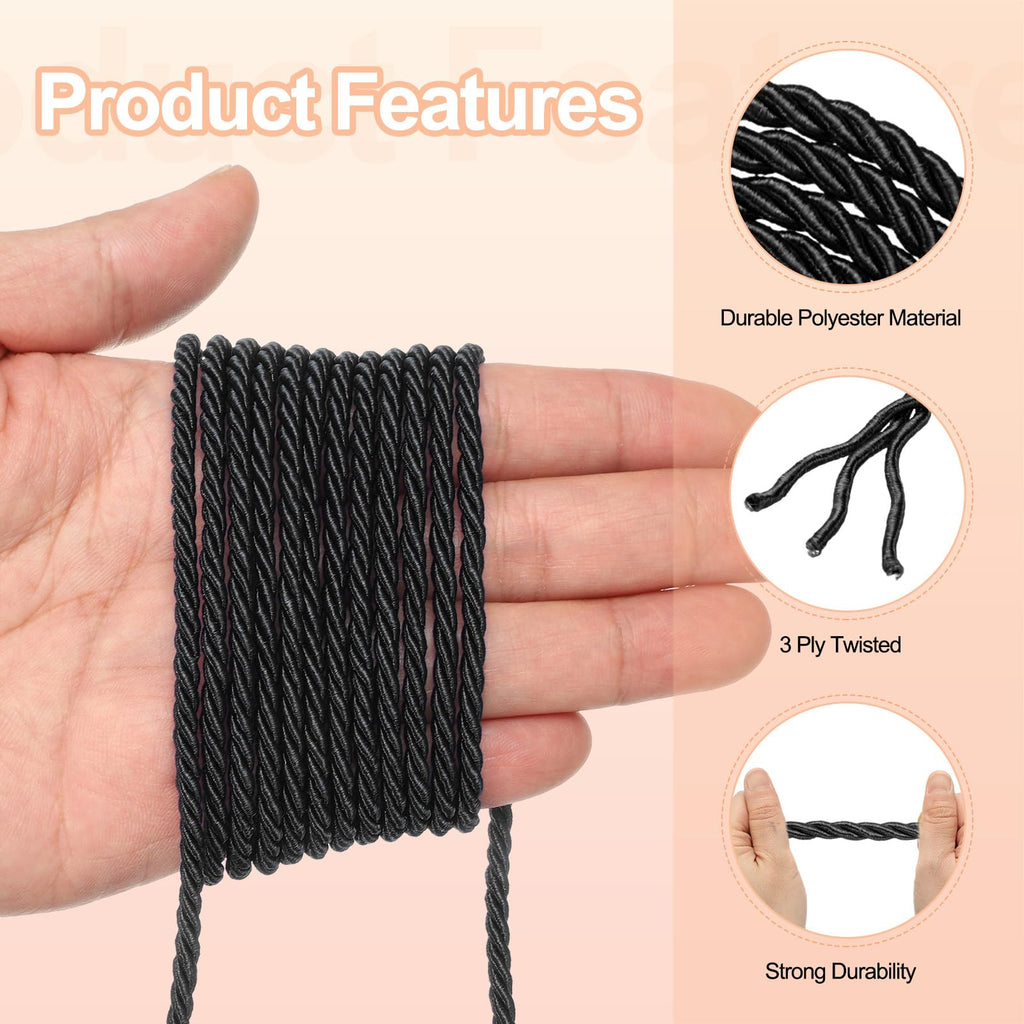 Twisted Cord Trim, 3mm/11 Yard Trim Cord Rope 3-Ply Polyester Silk Twine Braided Rope Decor Graduation, Black