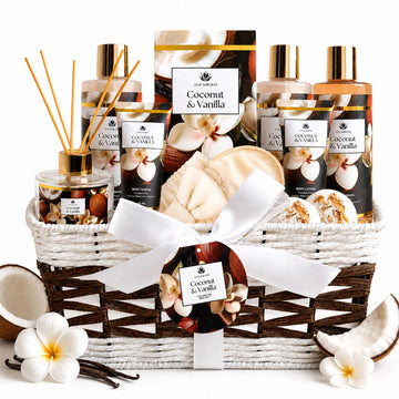 Spa Gift Basket for Women, Coconut & Vanilla 12-Piece Bath Gift Set with Shower Gel, Shampoo, Bubble Bath, Diffuser