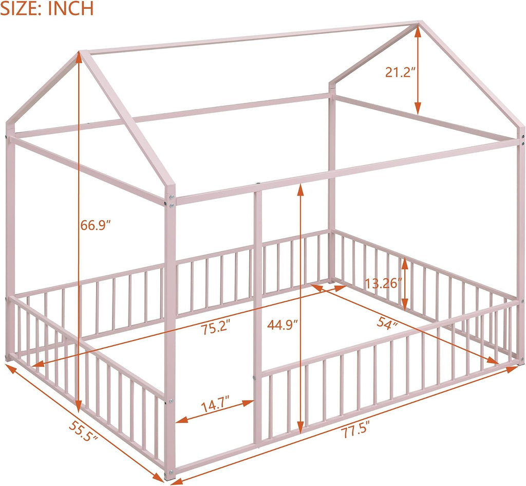 Floor Bed Frame with 13.2" HFull-Length Guardrails & Roof, Metal Montessori Floor Bed with Low