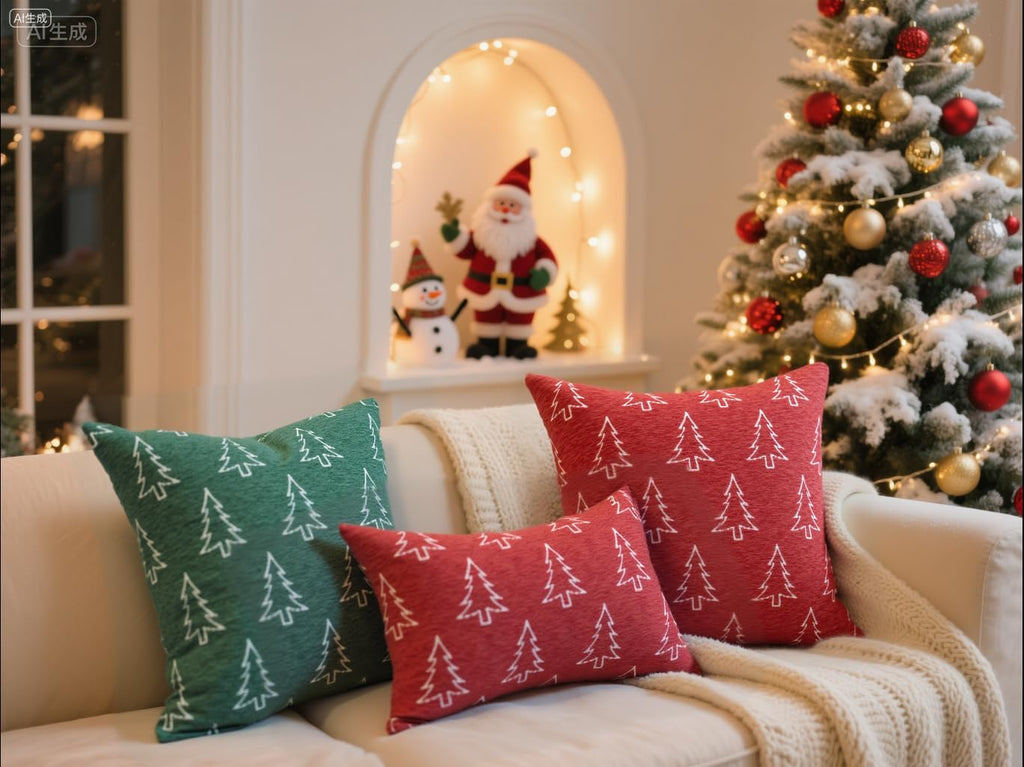 Soft Chenille Christmas Pillow Covers 18x18, Reversible Snowflake & Tree Pattern, Thick & Cozy Farmhouse - Set of 2