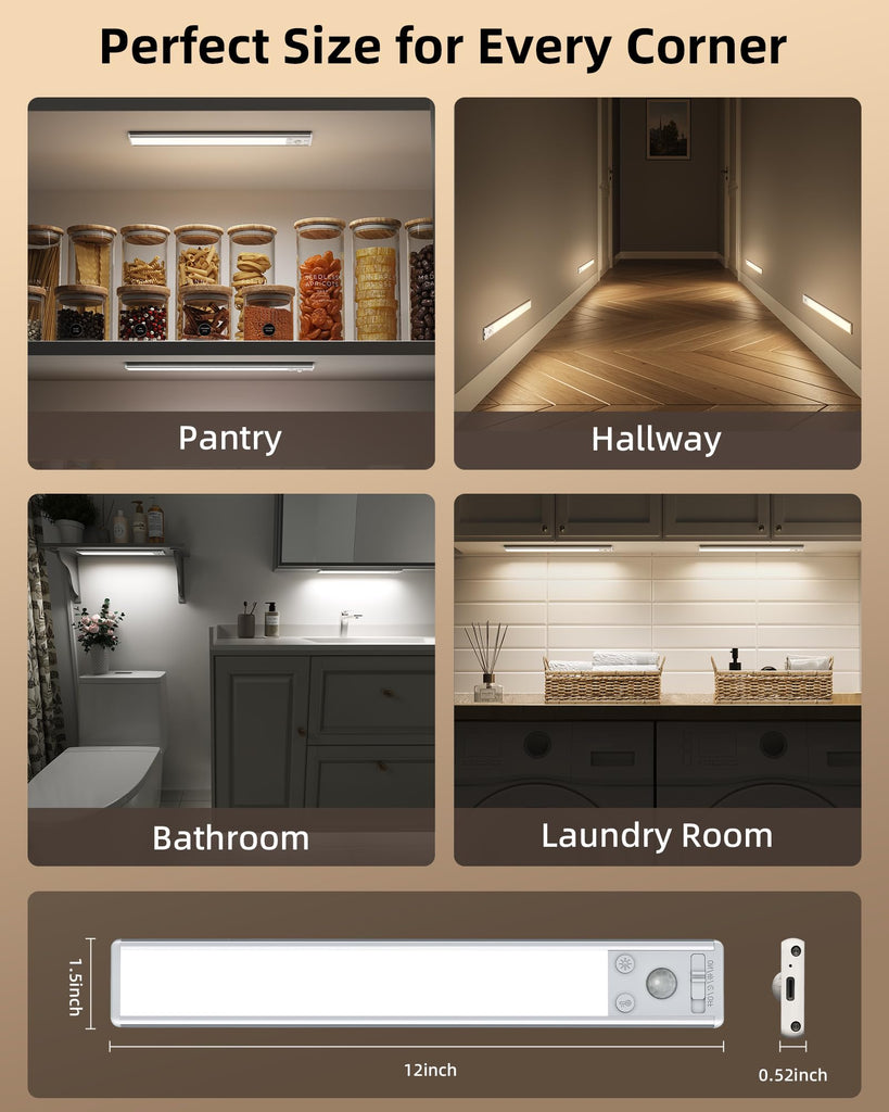 Under Cabinet Lighting, 3500mAh Rechargeable Motion Sensor Light Indoor, 3 Color Temps, 5-Level Dimmable Magnetic