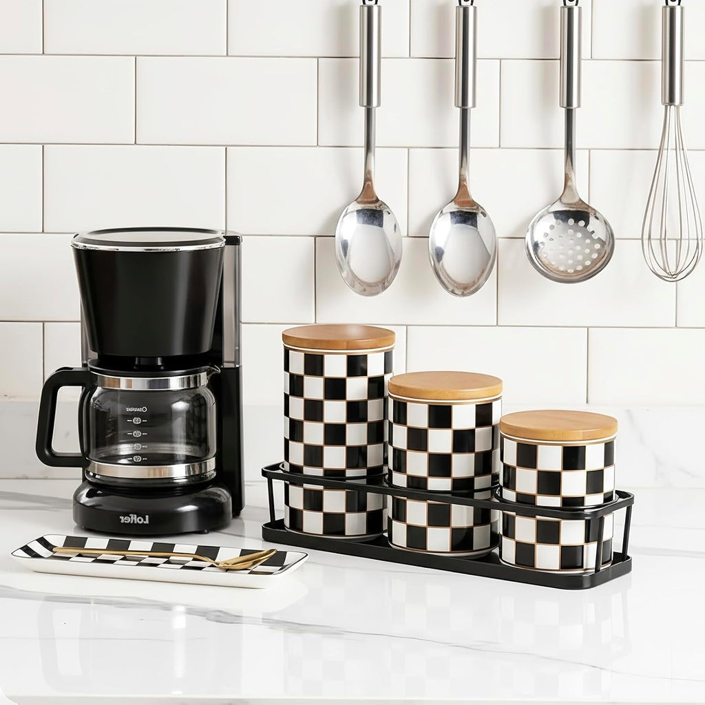 Small Checkered Kitchen Canister with Black Metal Stand,17/19/27oz - Set of 3