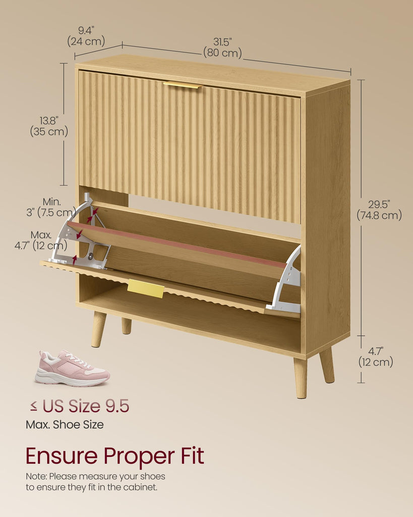 Shoe Storage Cabinet with 2 Flip Drawers, Narrow, Fits 12-16 Pairs