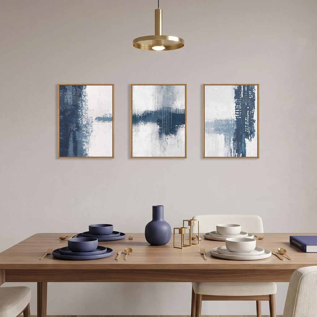 Abstract Navy Blue Grey Framed Canvas Wall Art Set, Modern Minimalist Wall Decor, Neutral Brush Stroke Artwork