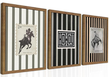Framed Vintage Western Cowboy Wall Art Set of 3, Retro Cowboy Stamp and Stripe Prints, Classic Mid Century Riding