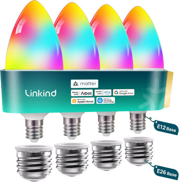 Matter E12/E26 Led Bulb, Color Changing Smart Light Bulbs, 4 Pack