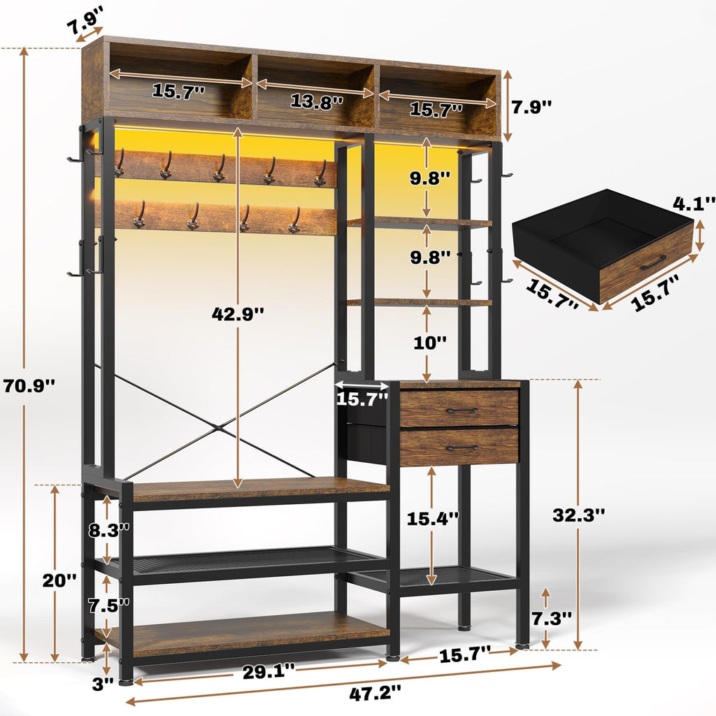 Hall Tree with Bench and Shoe Storage, 7-in-1 Entryway Bench with Coat Rack, 3 Storage Cubbies, 3 Open Shelves, 17