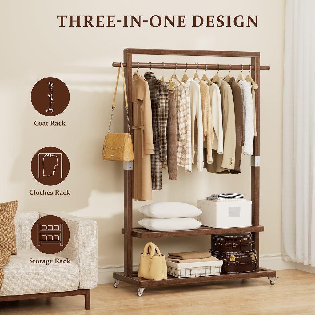 Wood Clothing Rack Solid Wood Clothes rack with Wheels 2 Shelves