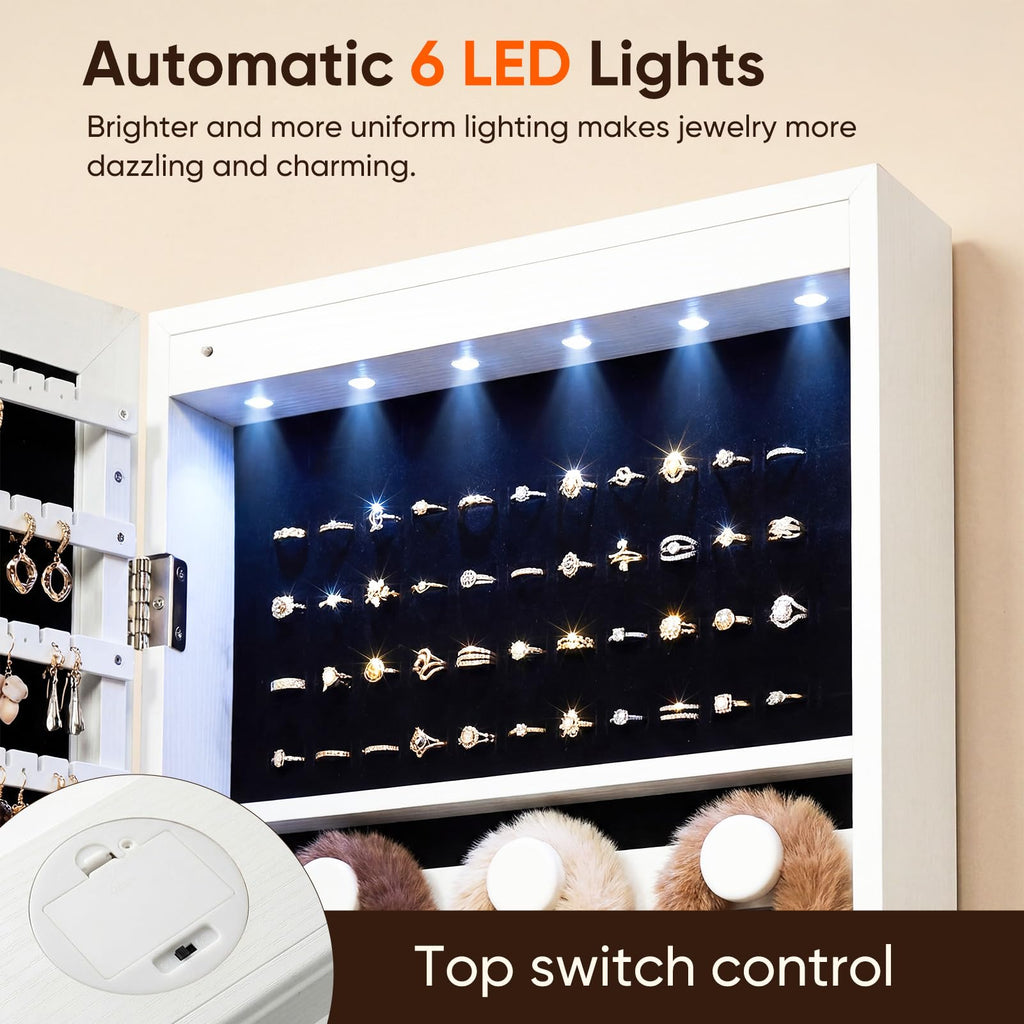 6 LEDs Jewelry Cabinet with Lock, 50" Full Length Mirror Wall Mounted or Over The Door Jewelry Organizer, Large