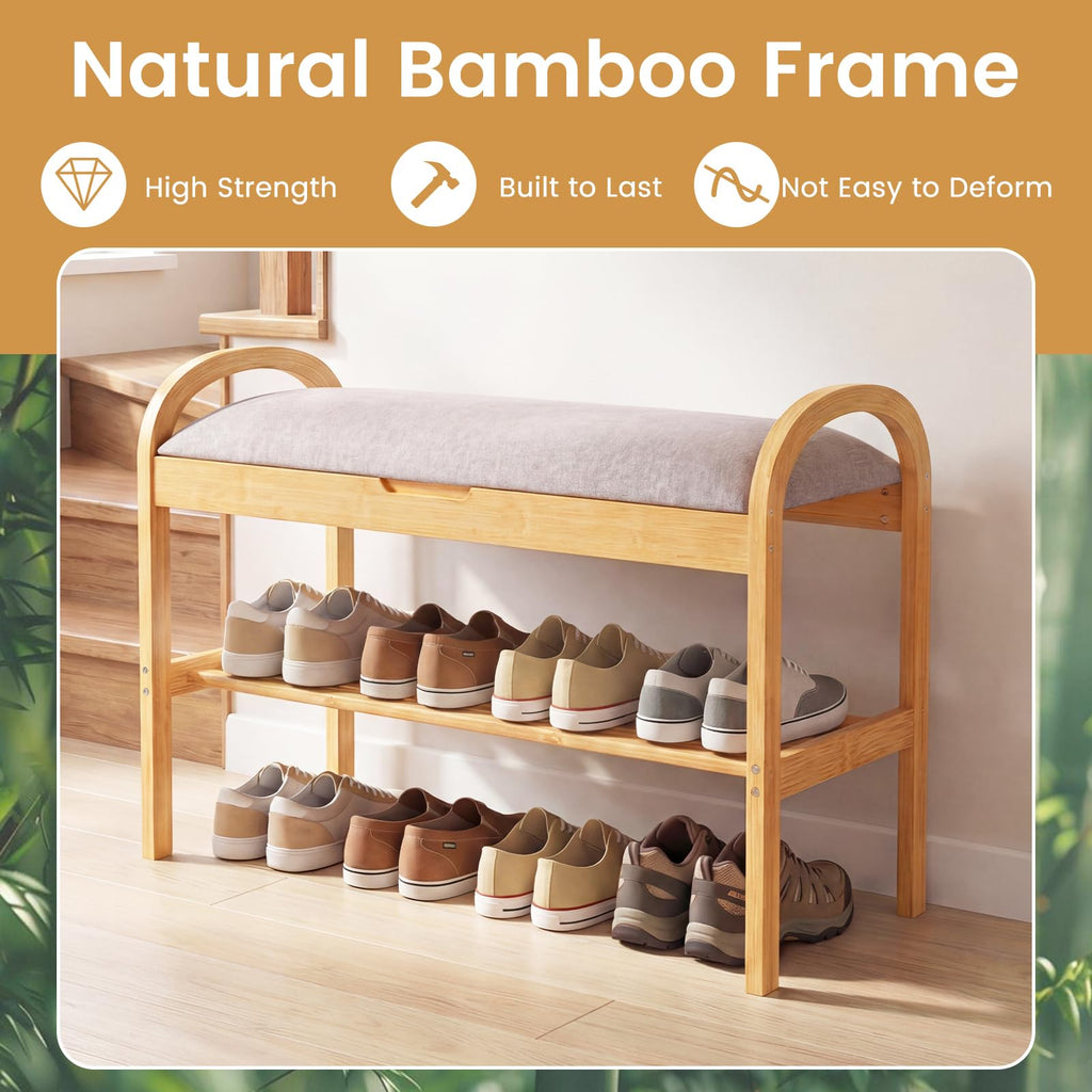 Bamboo Shoe Rack Bench with Storage, 2-Tier Entryway Bench with Flip Top Storage and Padded Seat Cushion, Shoe Rack