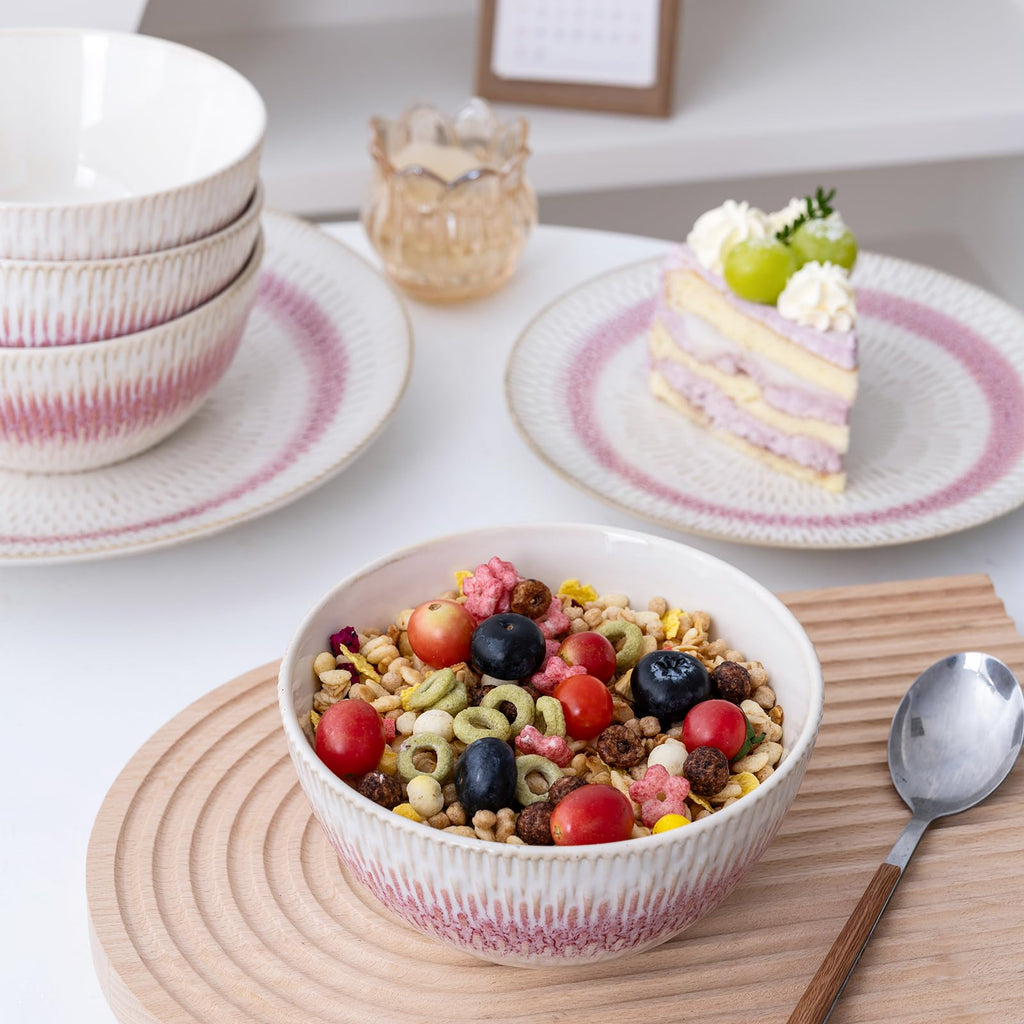 Dinnerware Set Pink Stoneware 12 Pieces Service for 4, Stoneware Plates and Bowls Set, Dishwasher Microwave Safe