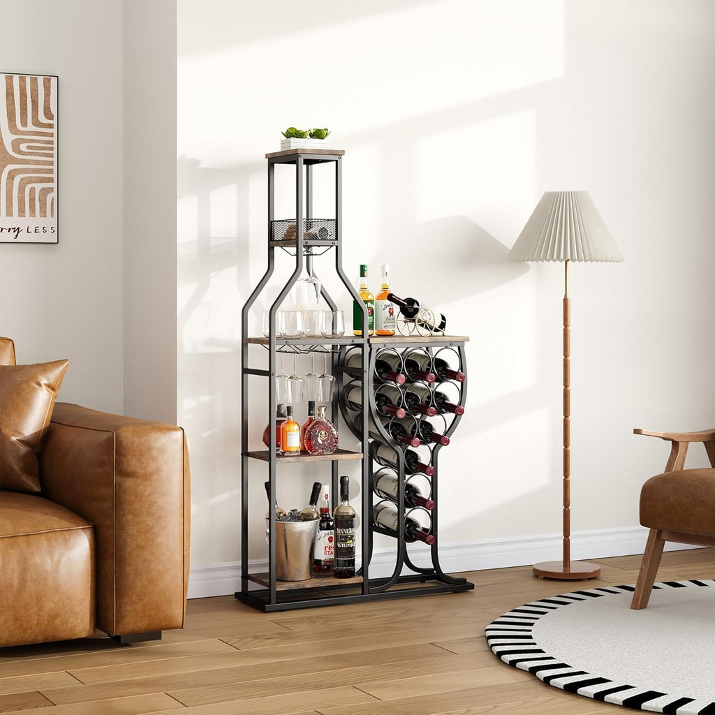Liquor Cabinet Bar, 5-Tier Wine Rack Freestanding Floor with Wine Glass Holder, Mini Bar Stand with 11 Wine Bottles
