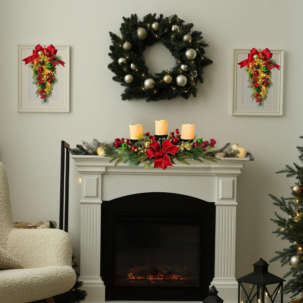 26 Inch Christmas 3 Candle Centerpiece with Red Bow and Ornaments