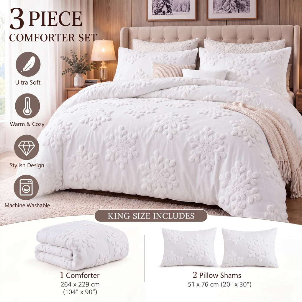 3 Pcs Snowflake Duvet Cover Set King White Snowflake Boho Tufted