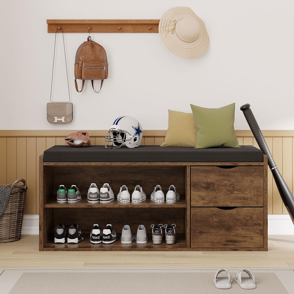 Entryway Shoe Bench, Rustic Storage Bench with Cushioned Seating