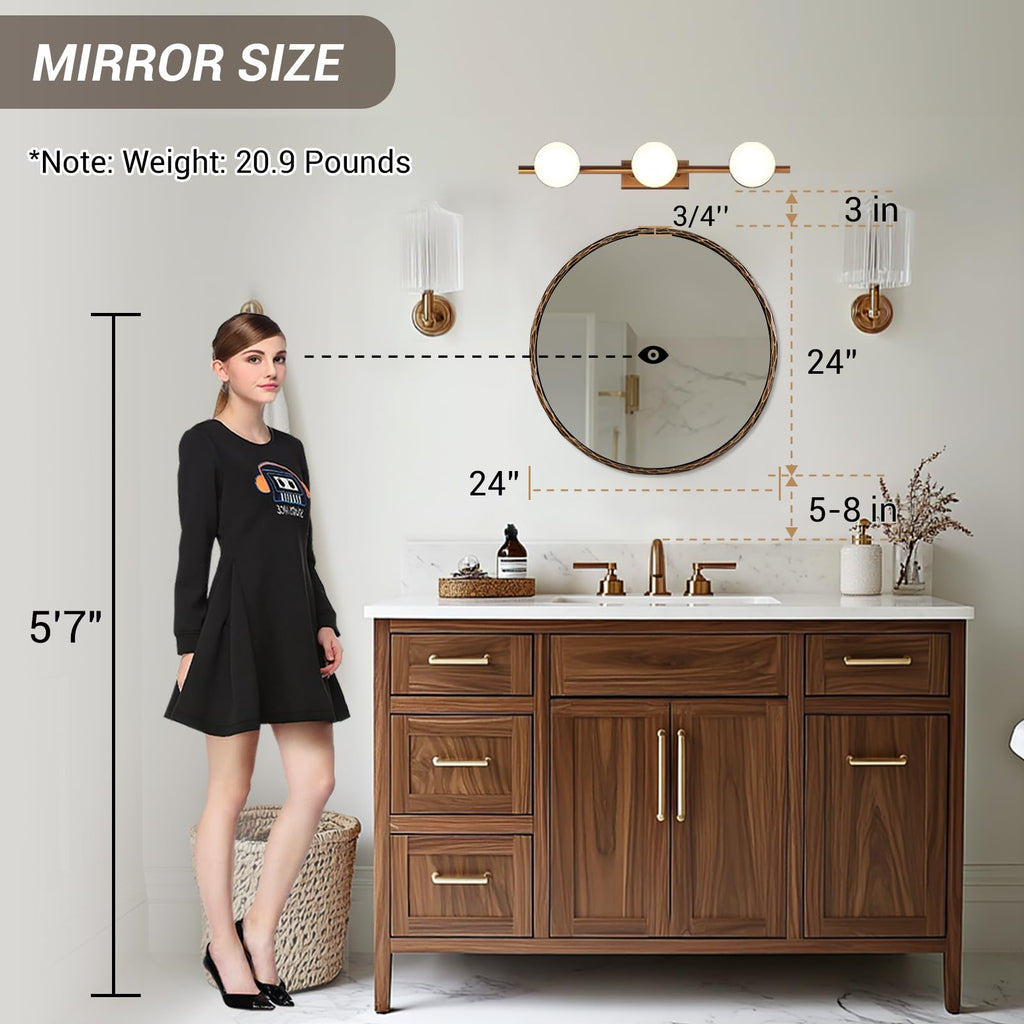 Hand-Forged Round Bathroom Mirror, 24 Inch Oil Rubbed Bronze Vanity Circular Mirror, Solid Steel Antique Hammered