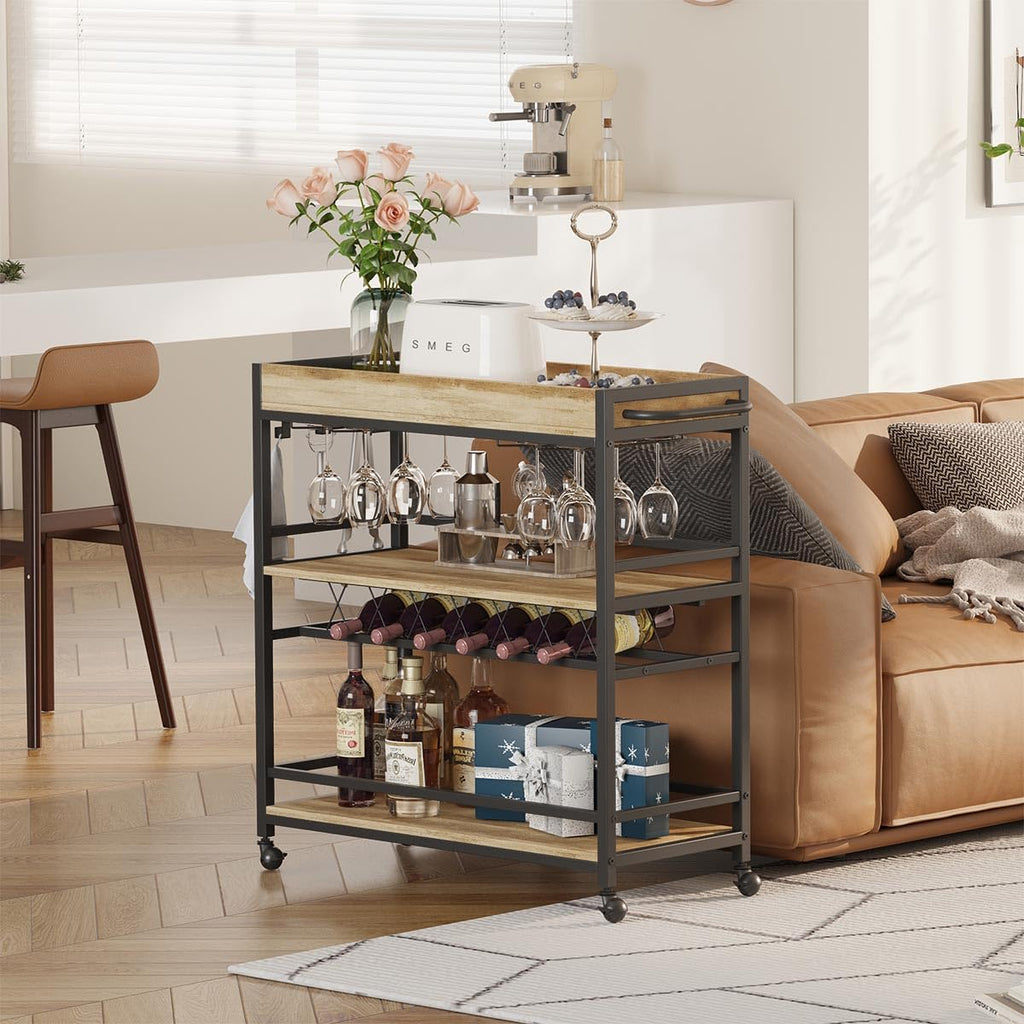 Bar Cart for The Home, Bar Serving Carts on Wheels, 3 Tier Storage Drink Trolley, Rolling Wood and Metal Liquor