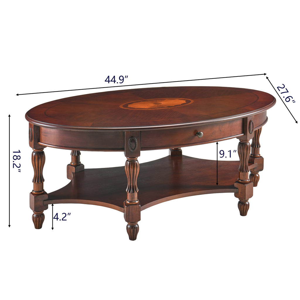 Oval Coffee Table, Cherry Solid Wood Coffee Table with Storage Drawer, Victorian Antique Vintage Coffee Tables
