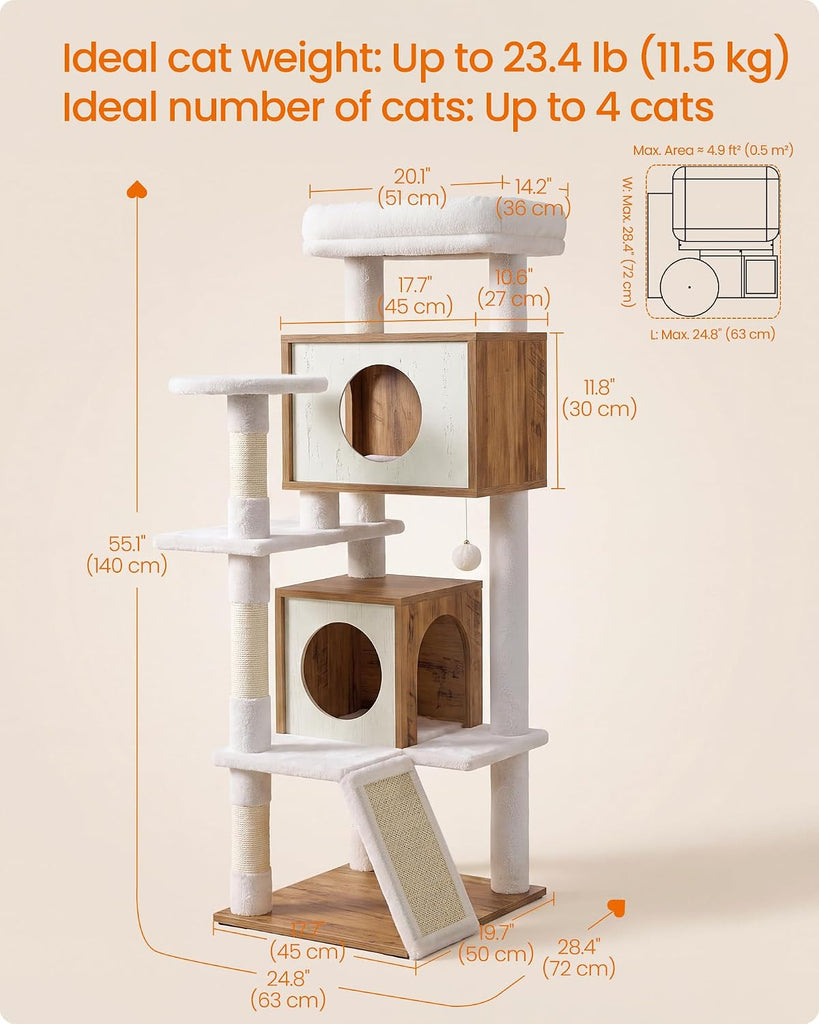 Cat Tree, 5-Tier Cat Tower with 2 Condos, 55.1