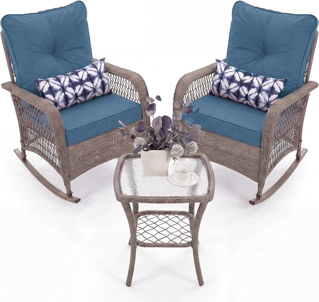 Rocking Chair Outdoor Set 2 w/Coffee Table, 3 Pc Wicker Bistro Set | Rocking with 4" Water-Resistant Cushions