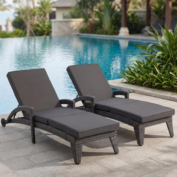 Patio Chaise Lounge Set of 2, Wicker Lounge Chairs Outdoor with Wheels, Wicker Chaise Lounges with Armrests All