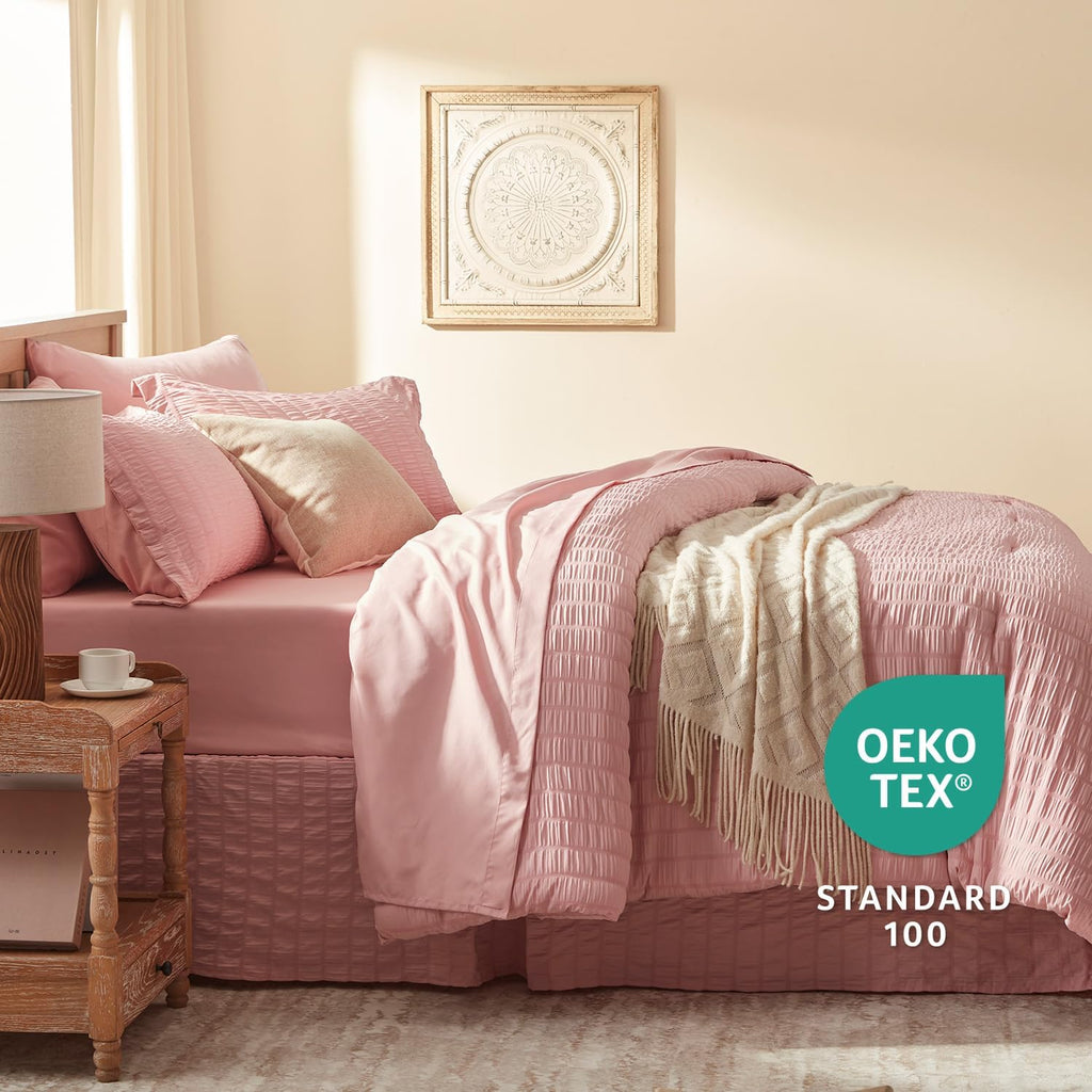 Full Comforter Sets 7 Pieces, Pink Seersucker Bed in a Bag Set Full, All Season Luxury Bedding Sets with Comforter