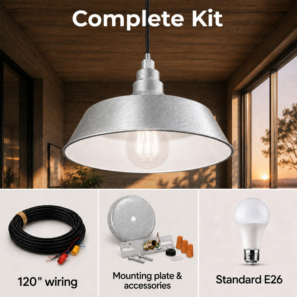 17-Inch Industrial Galvanized Pendant Barn Light Fixture, 120V Hardwire