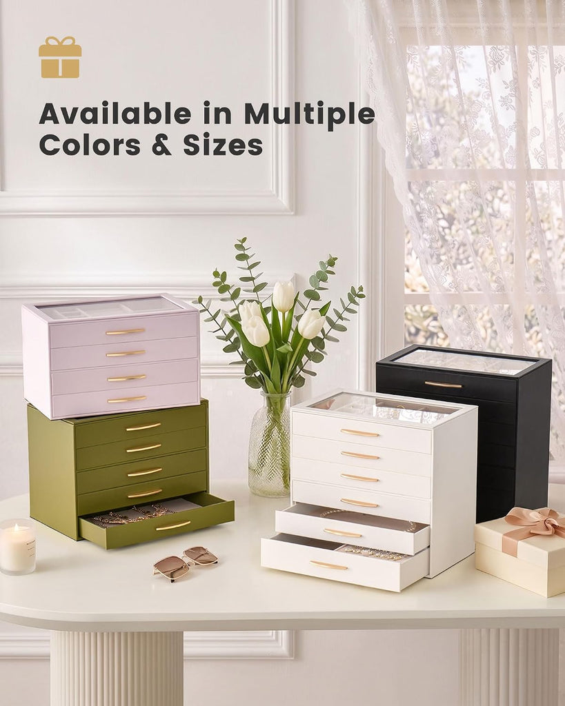 Jewelry Box Organizer with Glass Lid for Women -4Layer, Olive Green