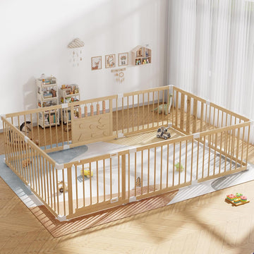 Wooden Baby Playpen with Safety Gate, 96"×64" Large Play Yard for Babies | Natural Pine Wood Playpen with Built-in
