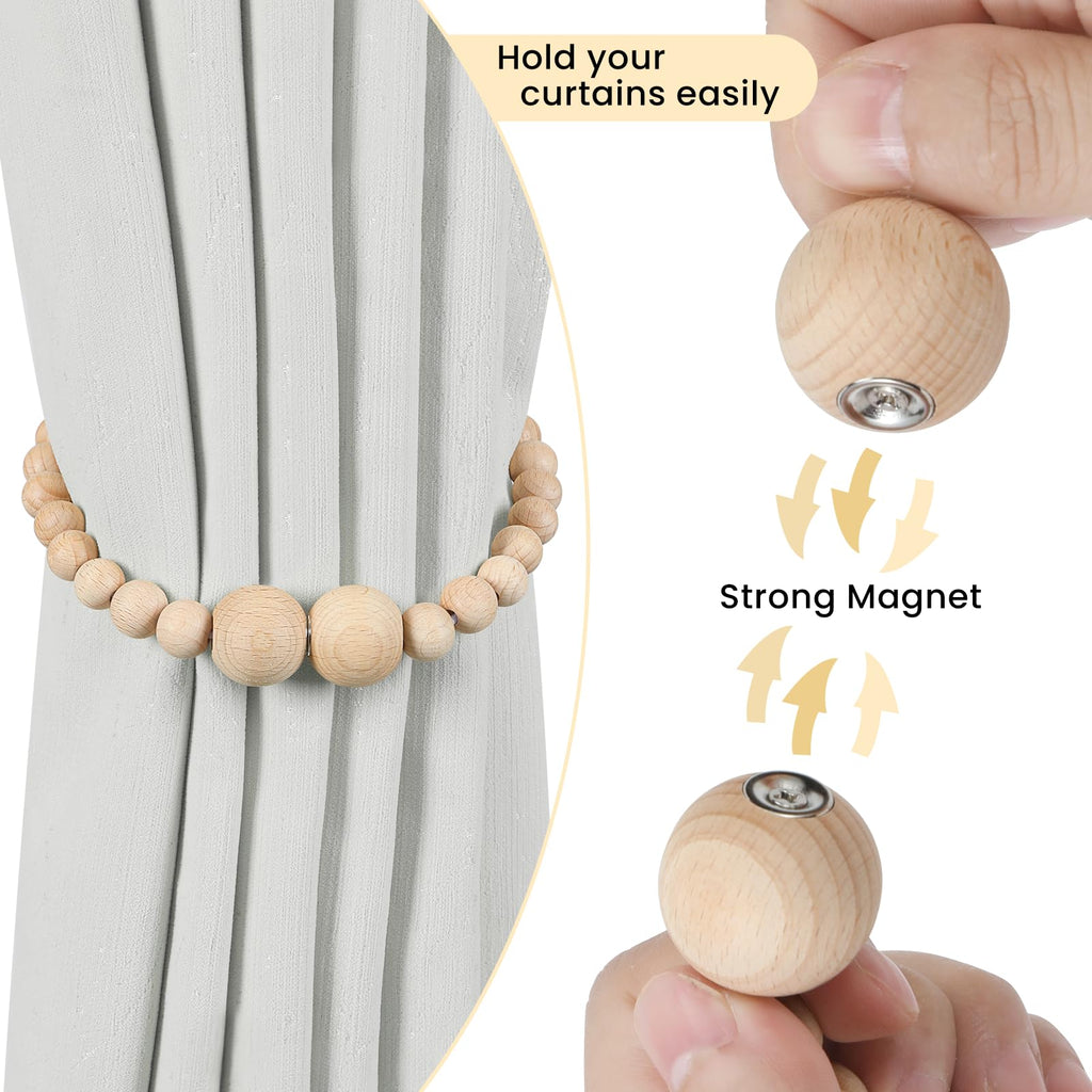 Magnetic Curtain Tiebacks, 6 Pack Wood Bead Curtain Holdbacks