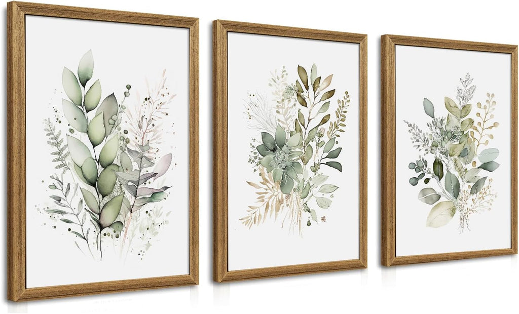 Framed Sage Green Botanical Wall Art Set of 3, Watercolor Eucalyptus & Wild Plant Canvas Prints, Minimalist Green