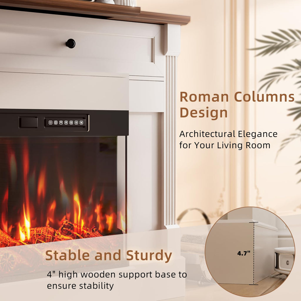 61" Electric Fireplace with Mantel, Fireplace TV Stand, White