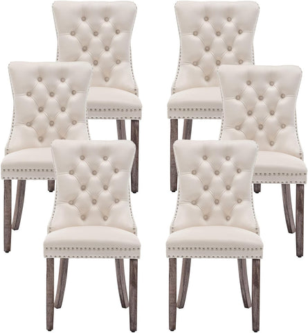 Velvet Dining Chairs Set of 6, Upholstered Tufted Dining Room Chairs with Ring Pull and Nailhead Trim for Kitchen, Living Room or Bedroom, Beige