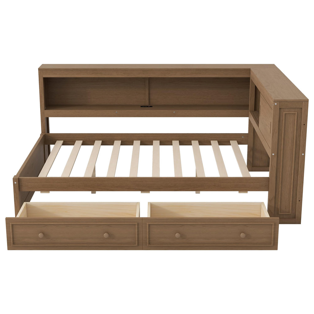 Full Size Daybed with Storage Drawers and Shelves, Antique Wood